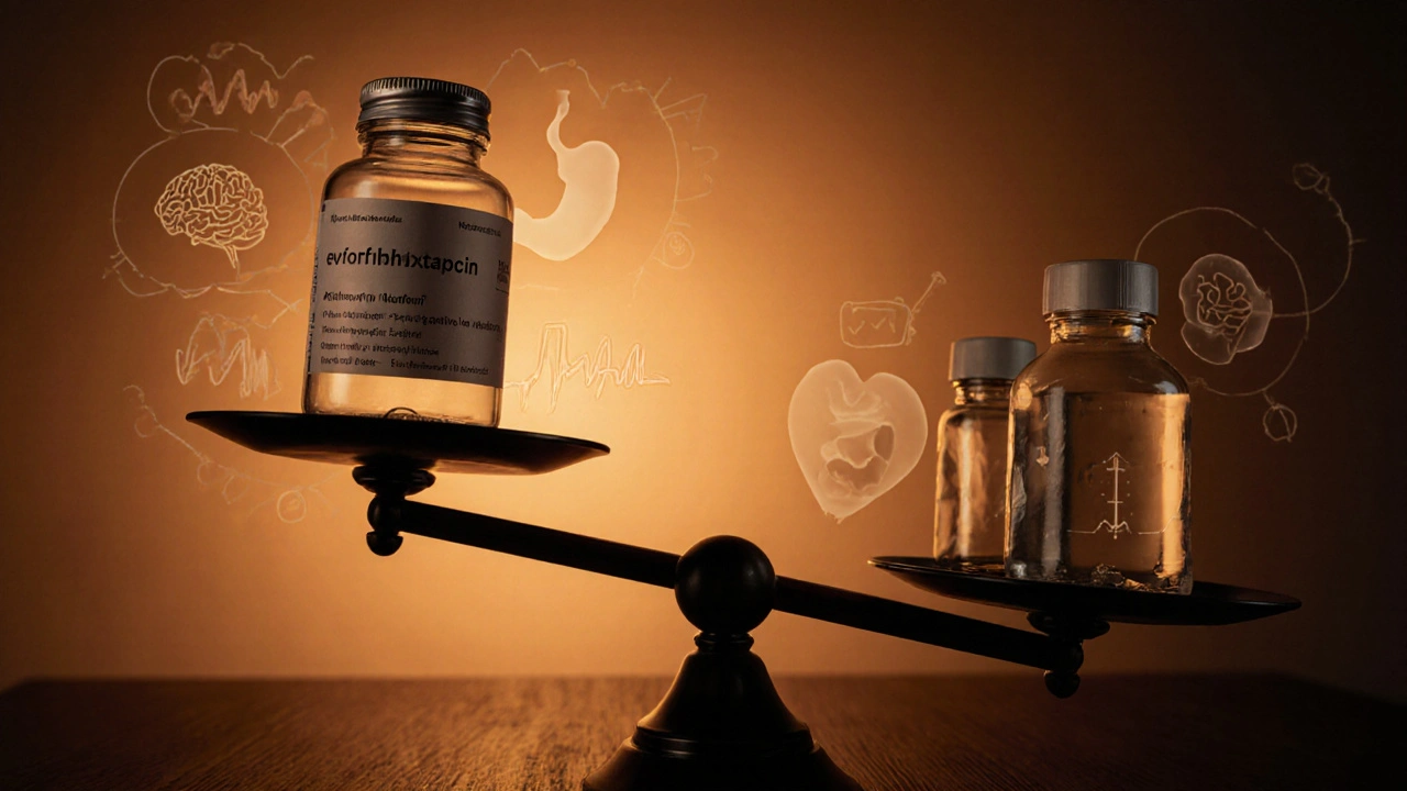 Balance scale with levofloxacin bottle versus safer antibiotic bottles showing side‑effect symbols.