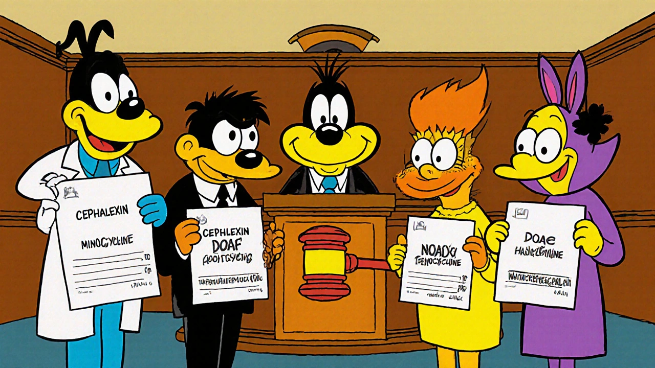 Cartoon antibiotics compare doses in a comedic courtroom.