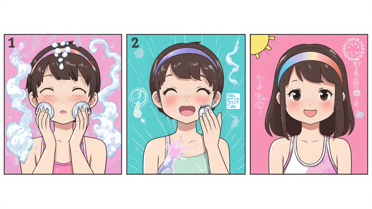Chibi athlete washing face, applying gel, and putting on headband with clear skin.