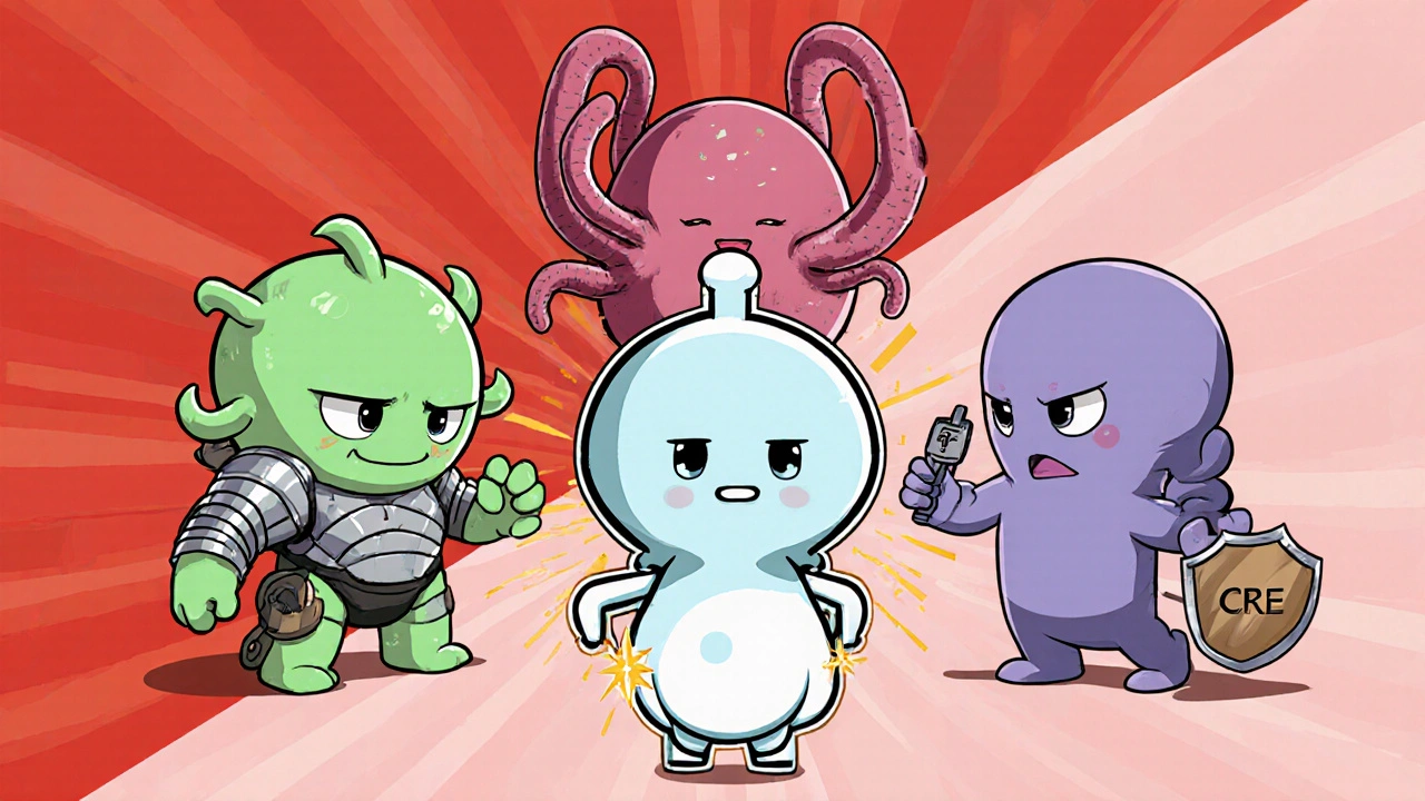 Chibi bacteria characters battling a chloramphenicol capsule with allies.