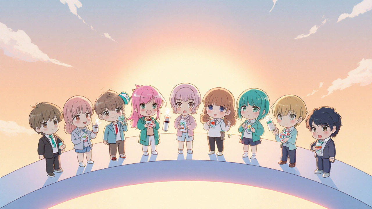 Chibi characters representing different weight‑loss meds lined up with their pills or syringes.