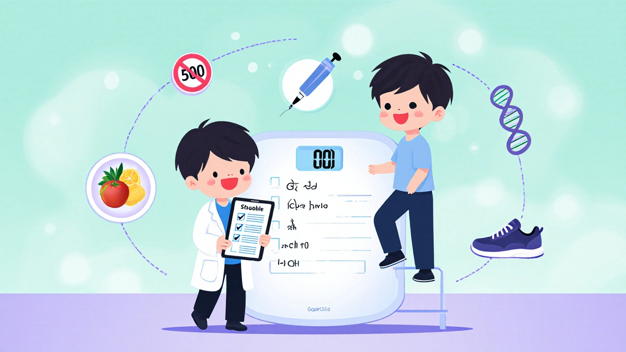 Chibi doctor and patient with scale, surrounded by GLP‑1 pen, nutrition plate, shoe, and DNA helix icons.