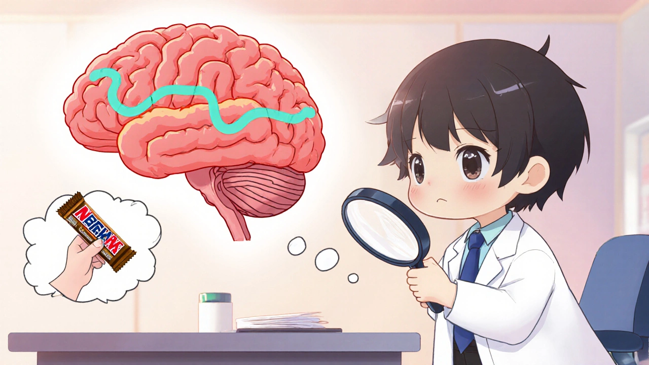 Chibi doctor examining a brain showing histamine block and nighttime eating.