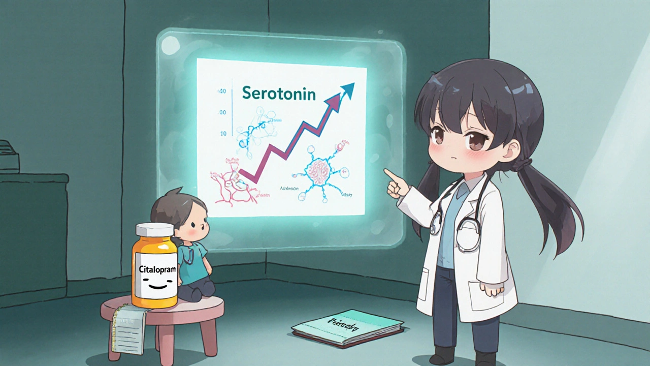 Chibi doctor explaining serotonin effects to a patient with a chart.