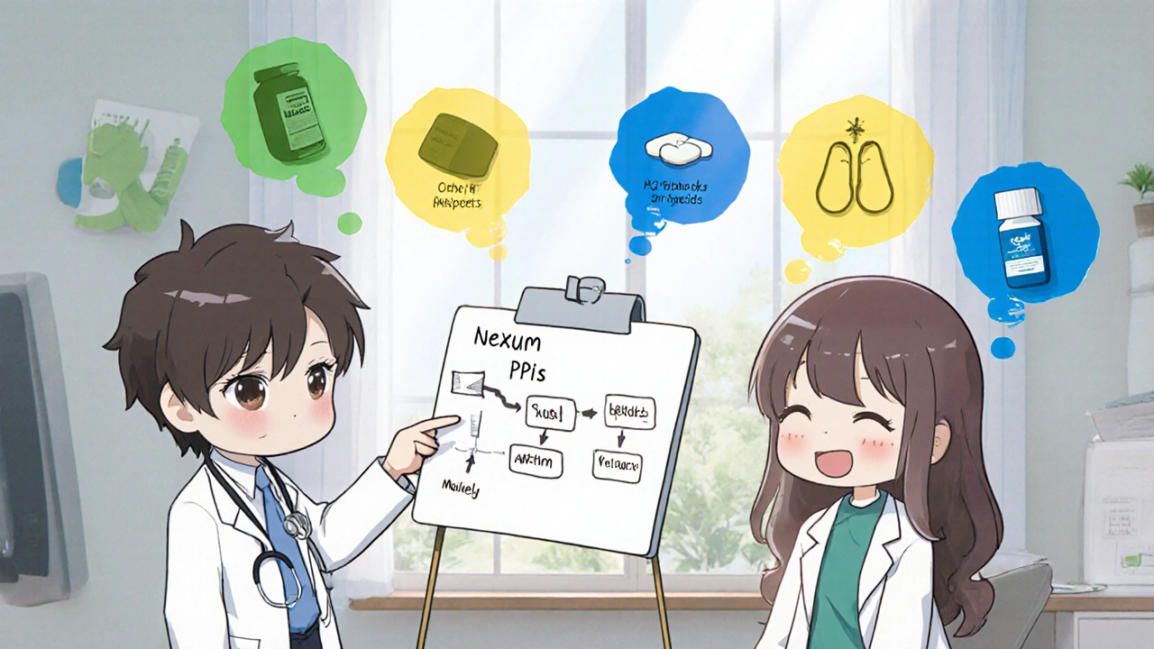 Chibi doctor explains a treatment plan to a patient, with thought bubbles of medication options.