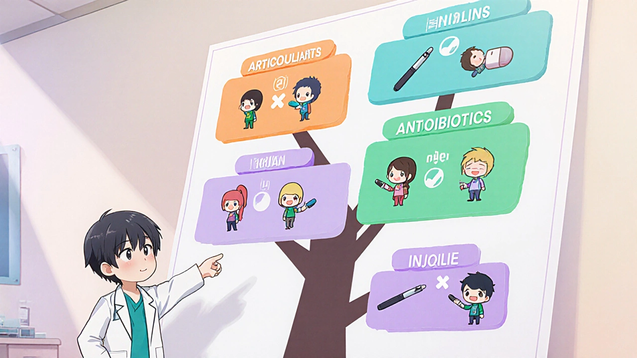 Chibi doctor pointing to a color‑coded decision tree with chibi patients holding different meds.