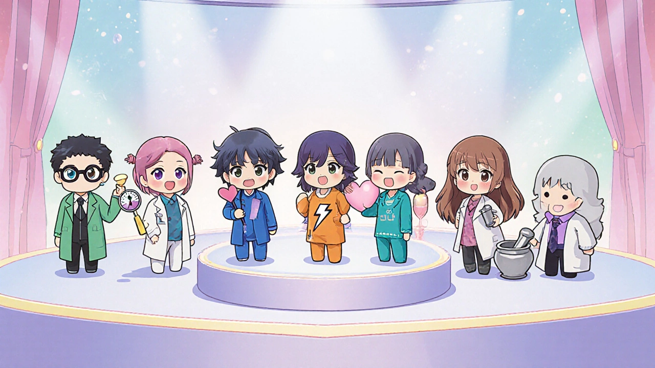Chibi drug characters line up, each wearing distinct colors representing different acid‑reflux meds.