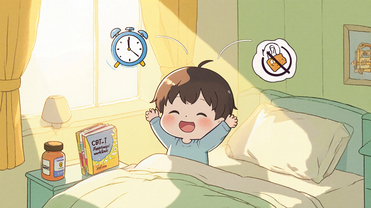Chibi individual smiling in morning with melatonin, therapy book, and locked snack cabinet.