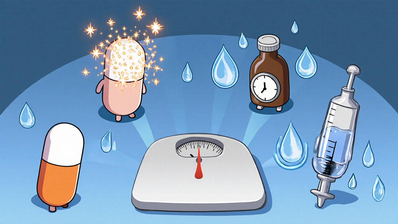 Chibi medication icons showing appetite, fat storage, metabolic slowdown, and fluid retention around a tilting scale.