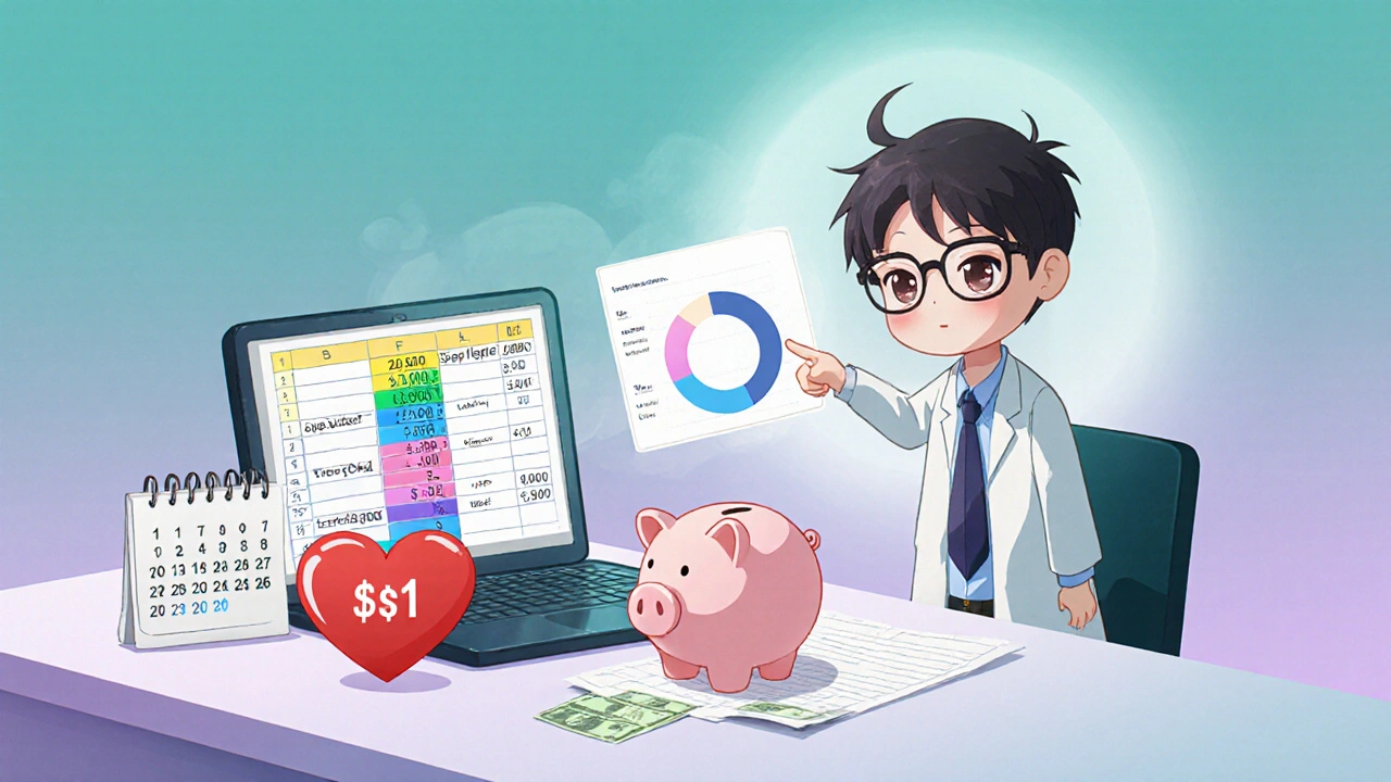 Chibi patient budgeting with laptop, heart piggy‑bank, and financial adviser.