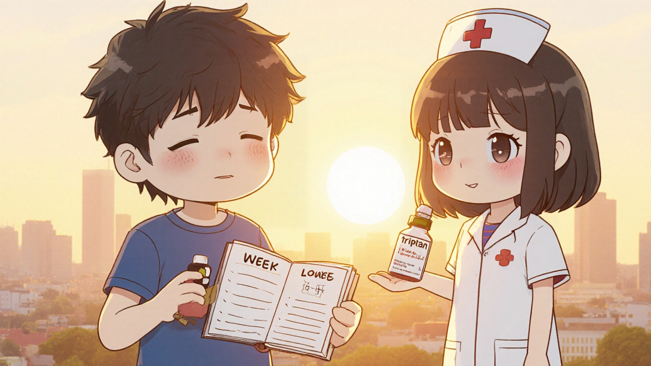 Chibi patient using a low dose pill, diary, and triptan, feeling hopeful.