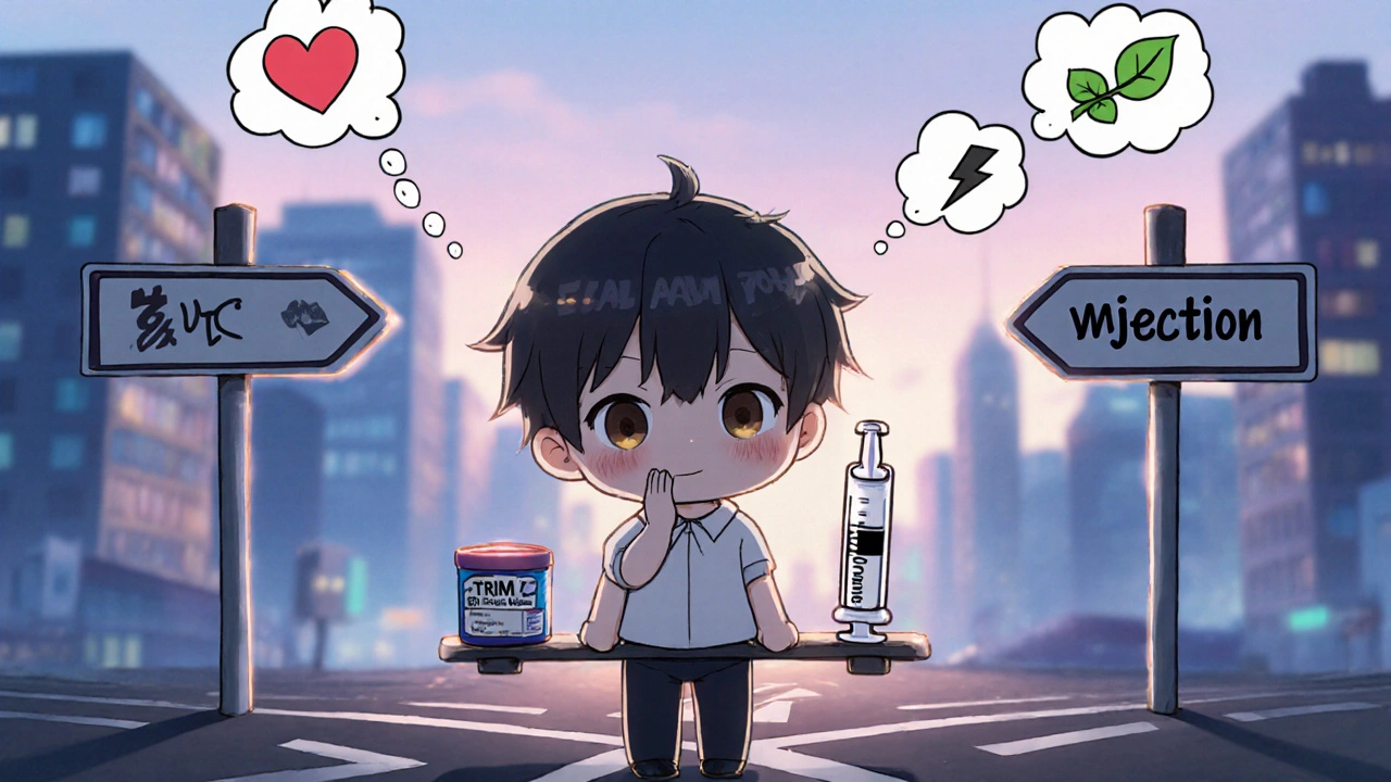 Chibi person weighing a capsule against a syringe at a crossroads of medication options.