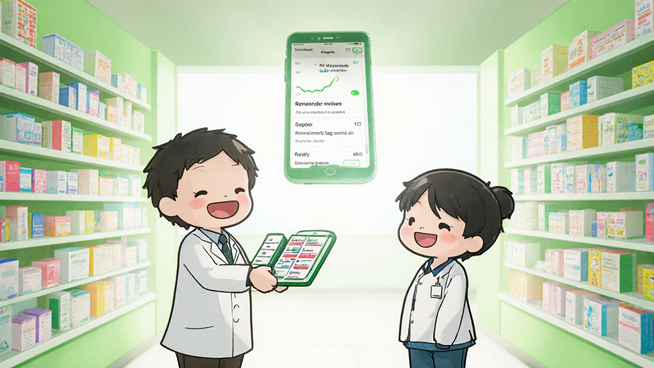Chibi pharmacist giving a pill organizer to a patient while a phone shows a reminder app.
