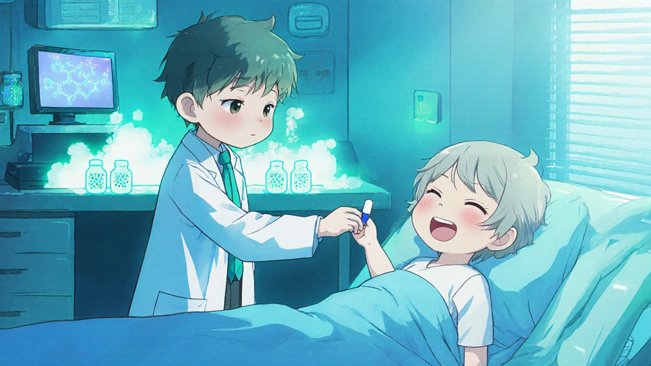 Chibi researcher giving a nanoparticle chloramphenicol capsule to a patient.