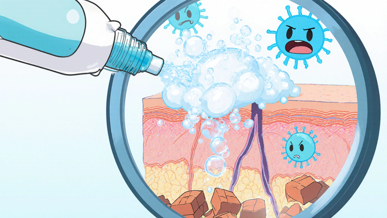 Chibi view of benzoyl peroxide gel releasing oxygen bubbles that disperse cartoon bacteria.