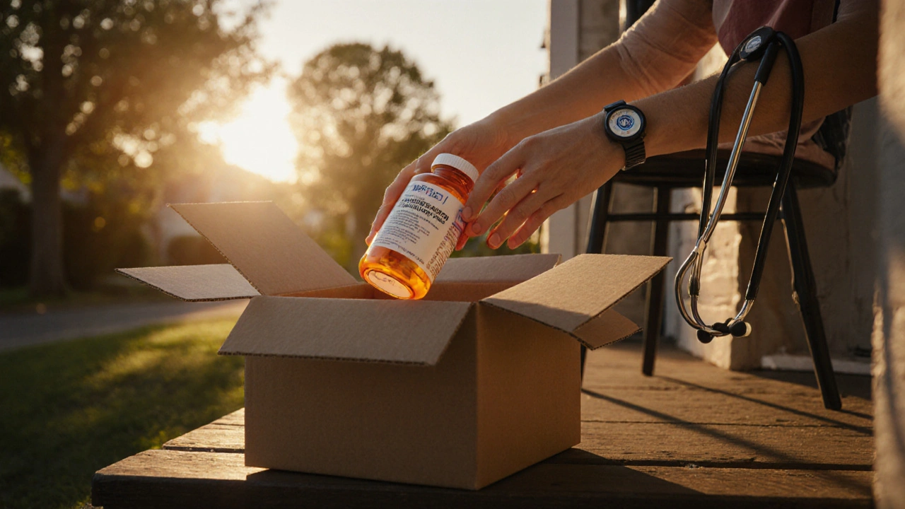 Delivery box opened on porch revealing sealed clopidogrel bottle with MHRA seal.