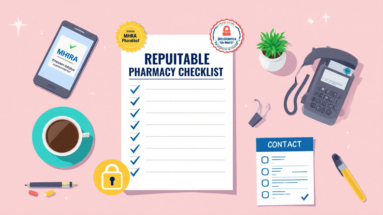 Desktop checklist showing MHRA badge, padlock, phone, and prescription.