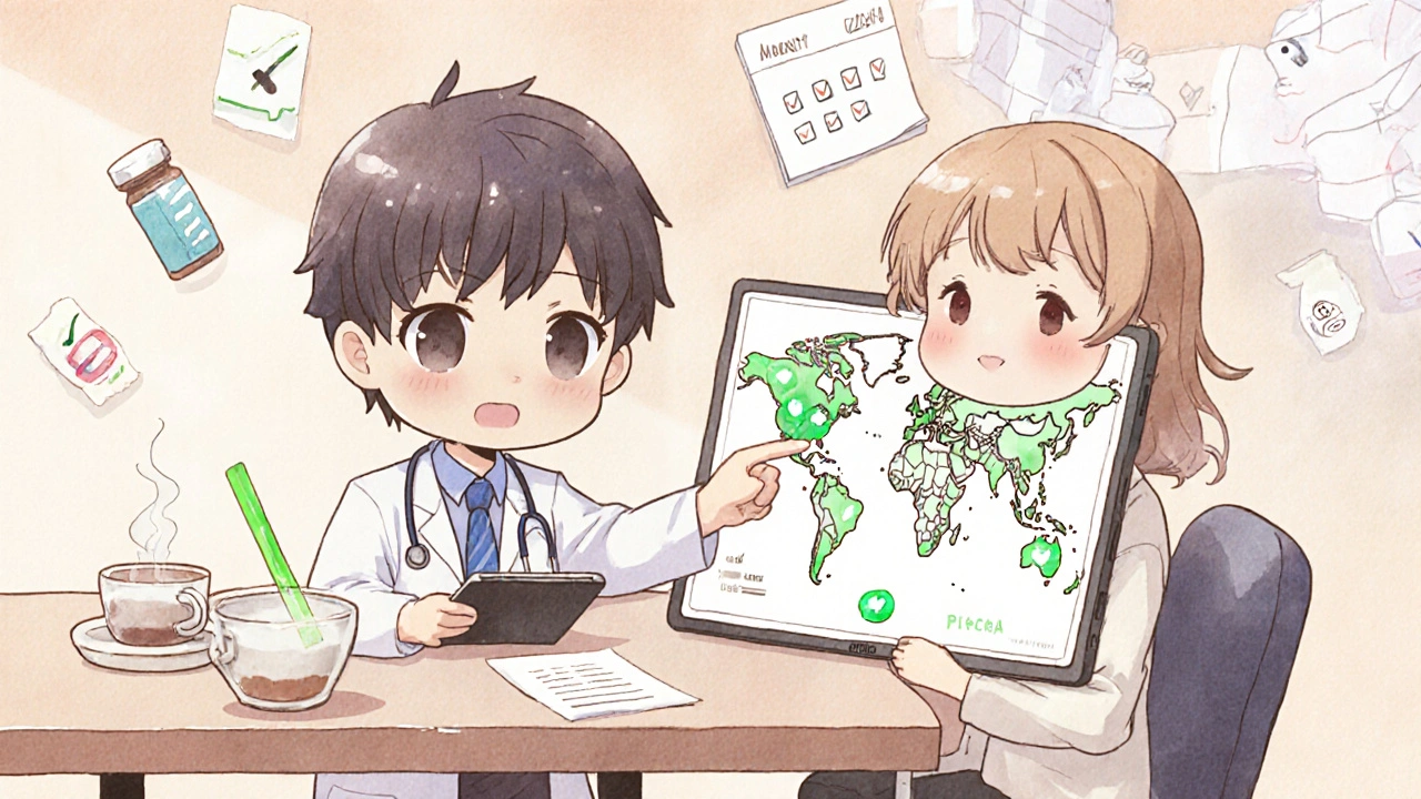 Doctor and patient reviewing genetic markers on a tablet with glowing cancer genes.