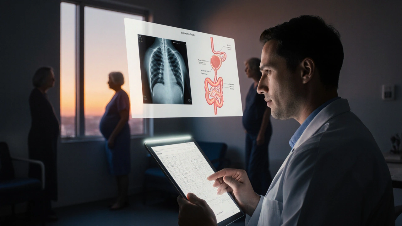 Doctor reviewing charts with floating lung and urinary images, hinting at prescribing decisions.