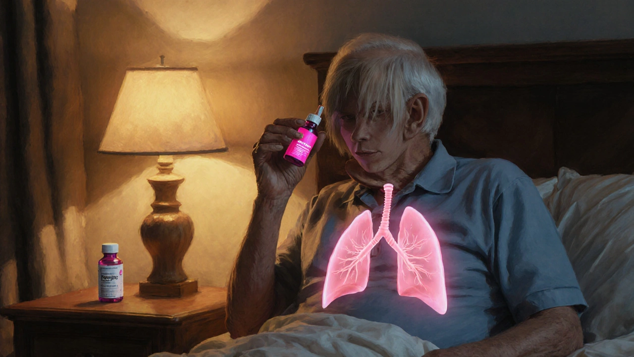 Elderly man applying a pink eye drop at night in a softly lit bedroom.