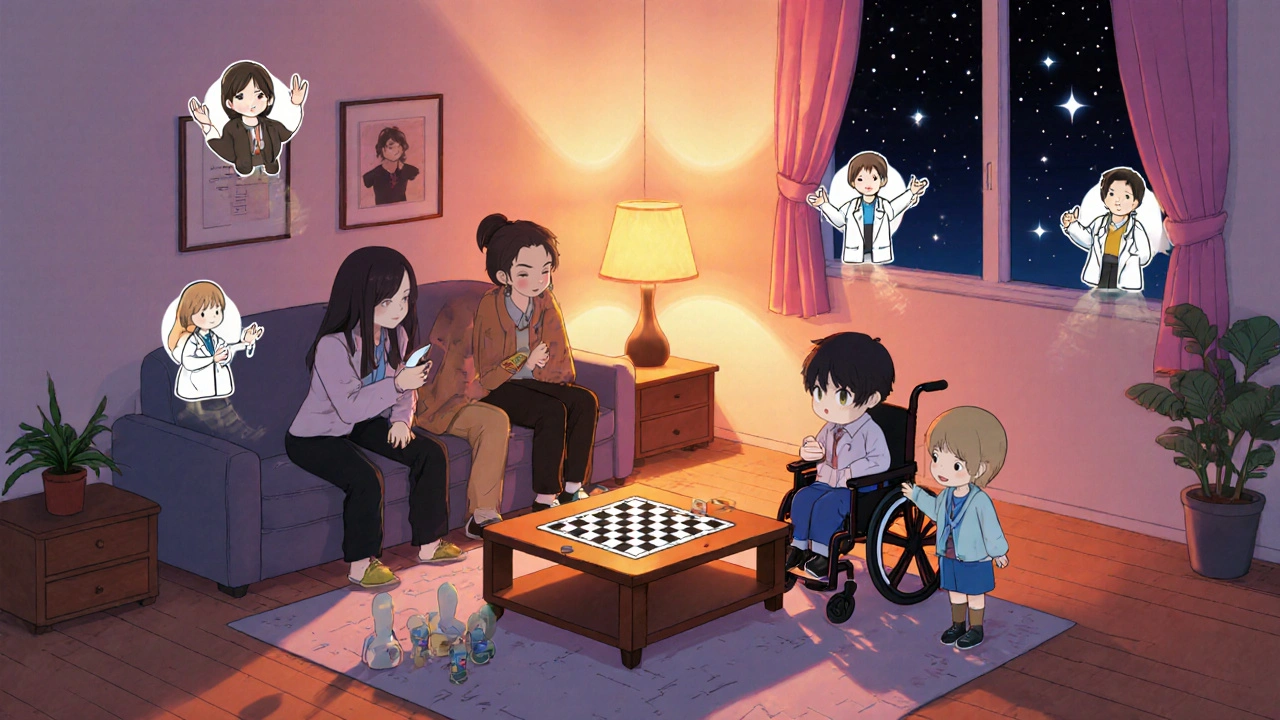 Family game night with everyone gathered around a board game.