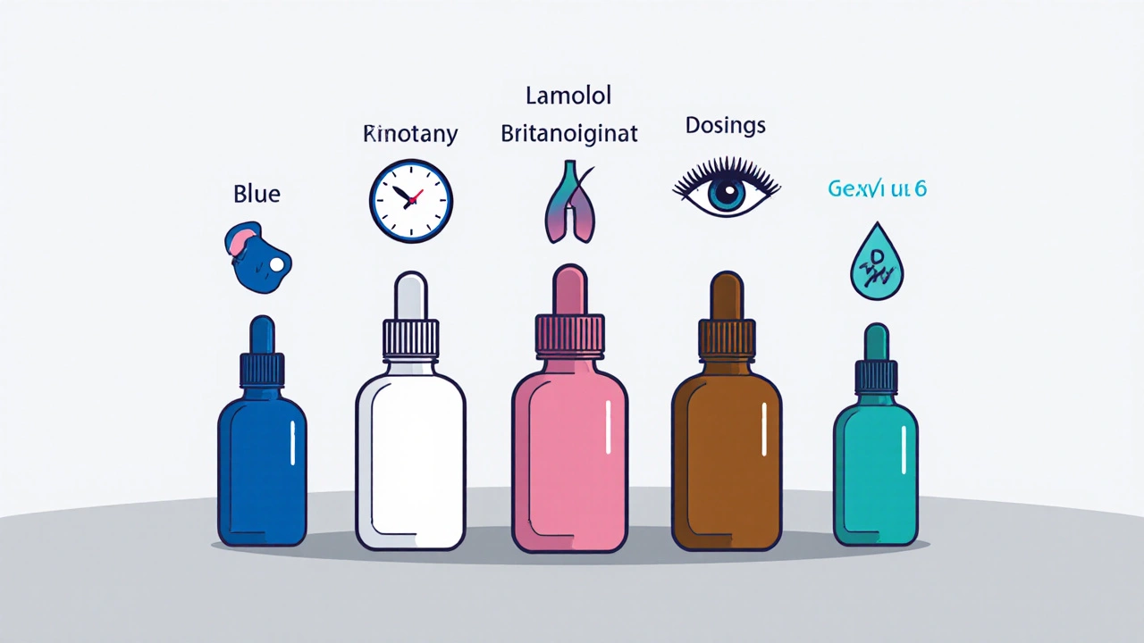 Five colored eye‑drop bottles with icons for dosing, safety, and effects arranged on a surface.