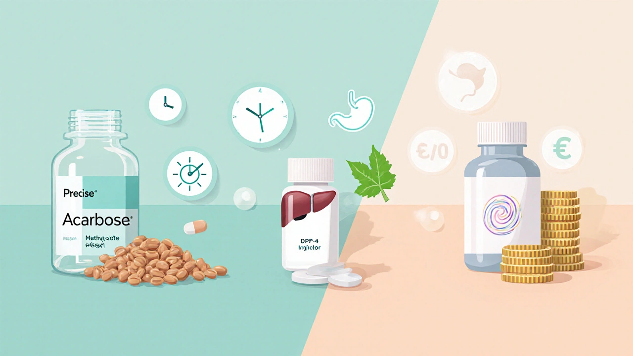 Flat illustration comparing Precose, Metformin, and a DPP‑4 inhibitor with visual cues for dosing and side effects.