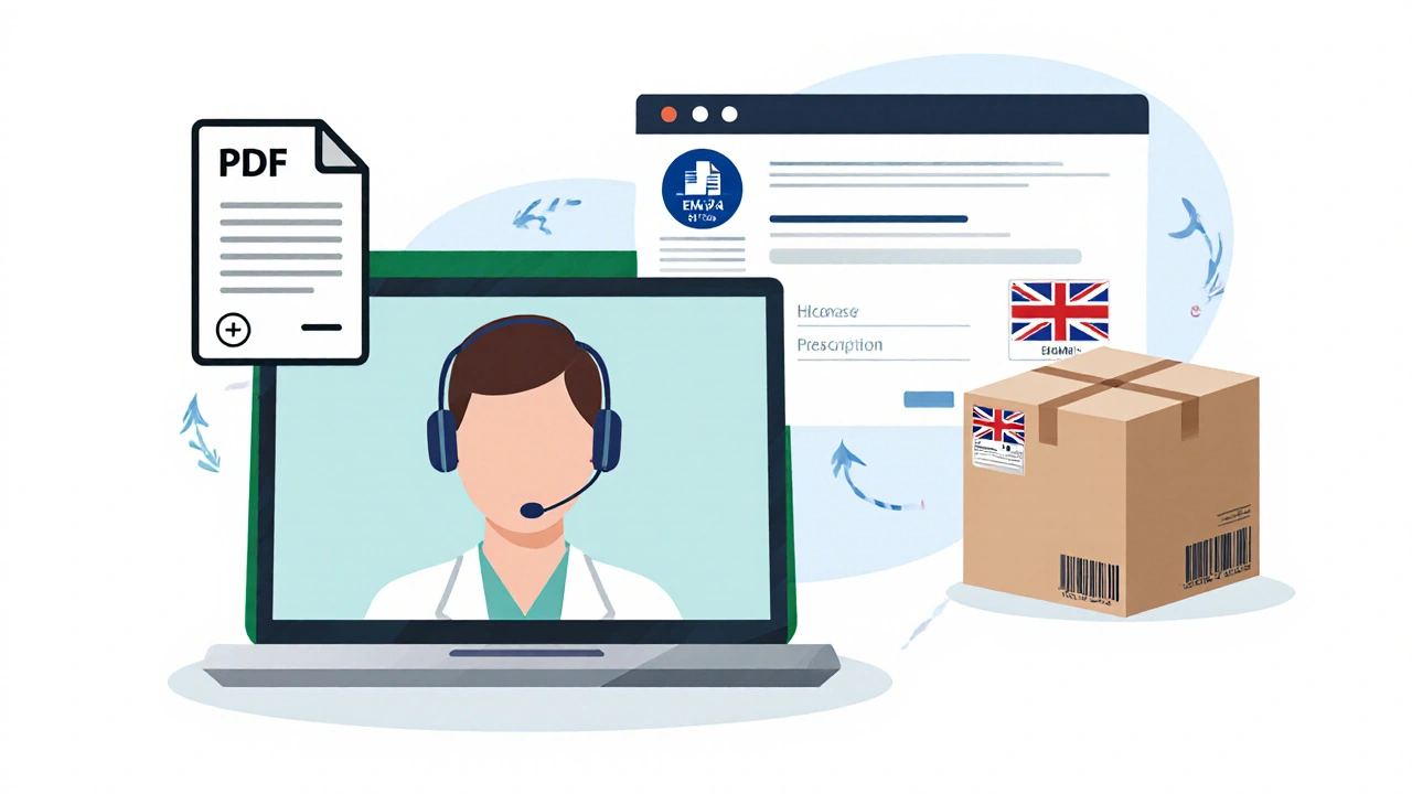 Flat illustration of tele‑dermatology video call, e‑prescription and shipped pharmacy box.