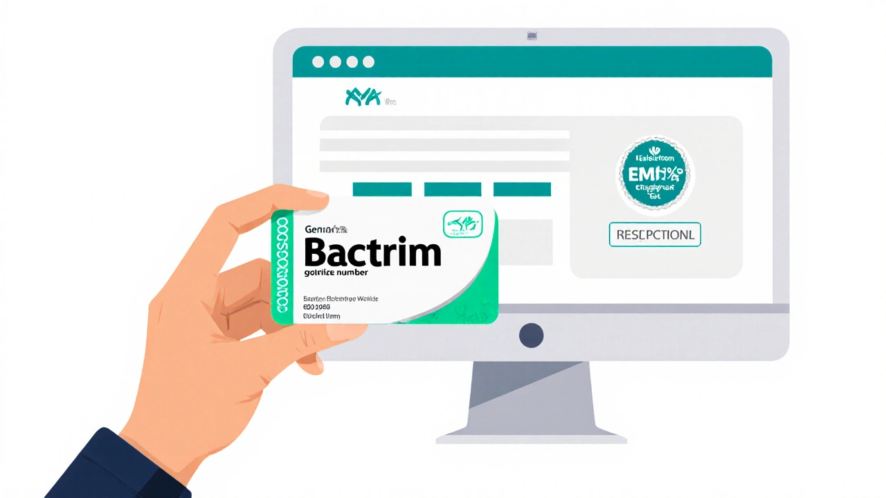 Hand holding generic Bactrim blister pack showing seal and batch info.