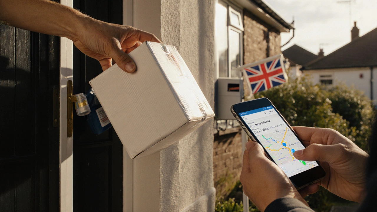Hand opening a delivered parcel with child‑proof medication bottle.