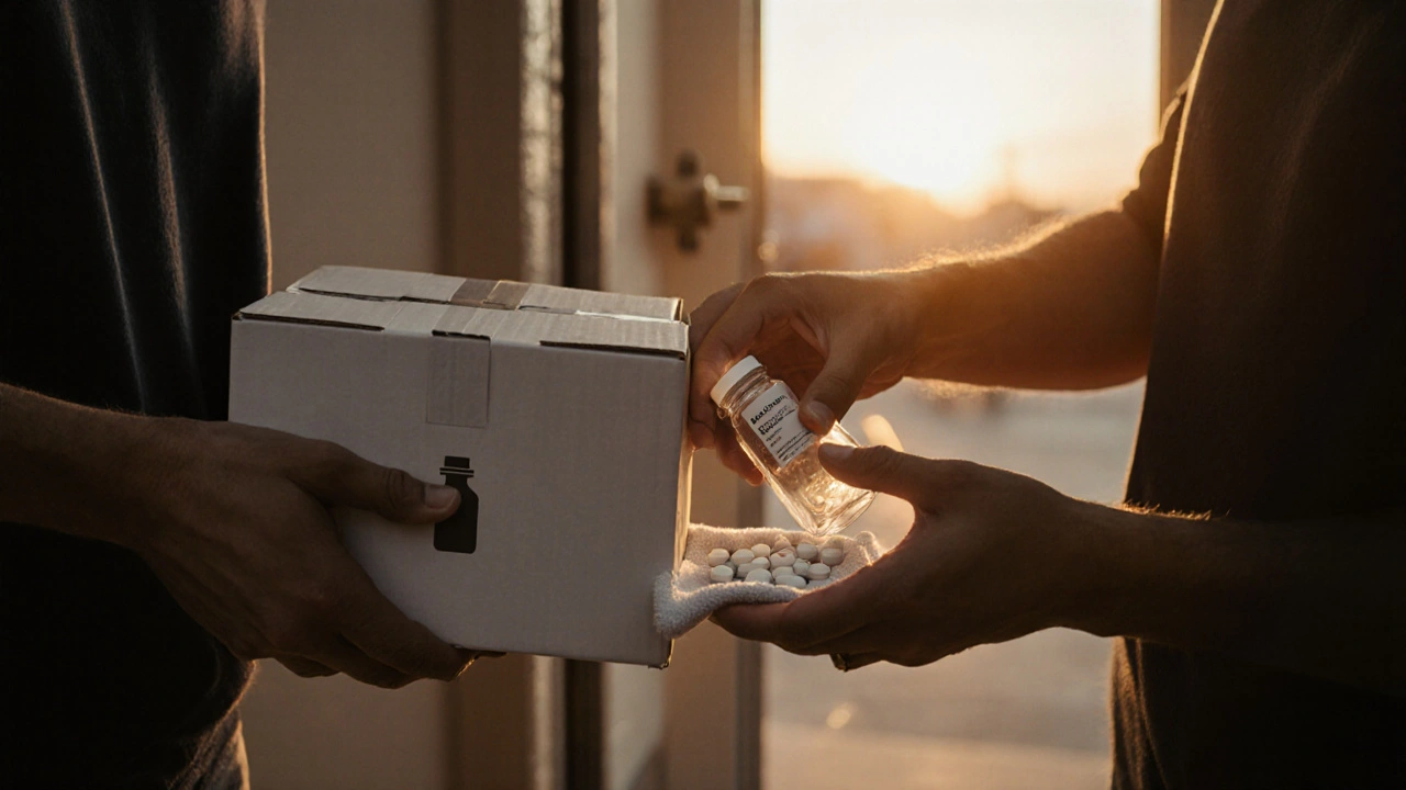 Hands opening a delivery box revealing generic migraine medication pills.