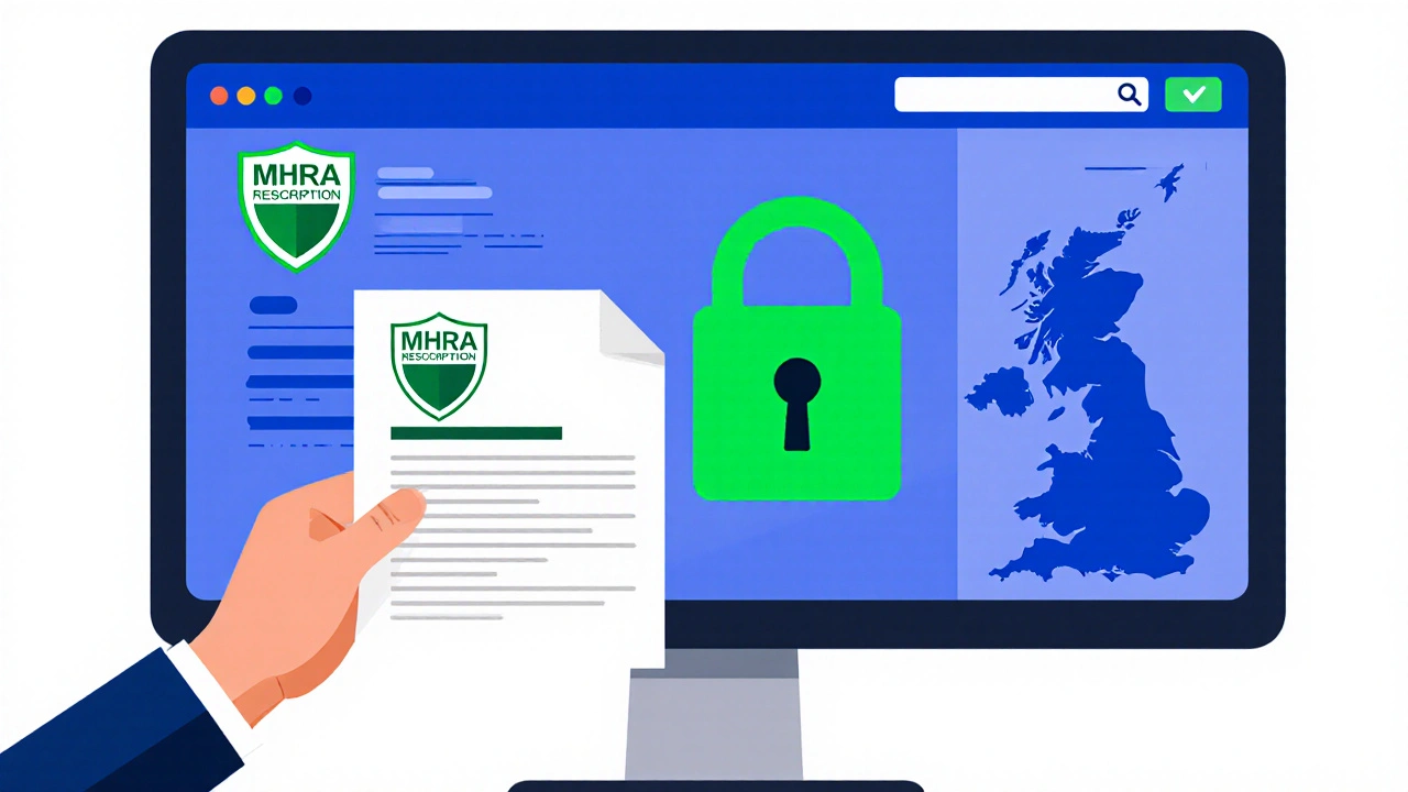 Illustration of a secure online pharmacy website with safety icons.