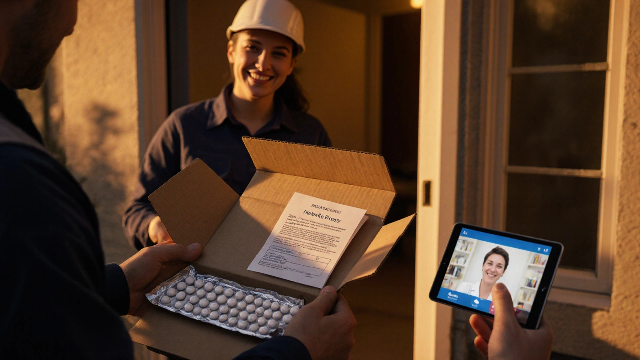Recipient receiving a delivery box with generic Bactrim tablets at sunset.