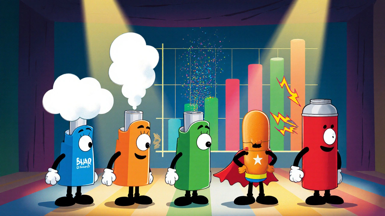 Row of cartoon inhaler characters illustrating differences: Budecort, Fluticasone, Beclomethasone, Montelukast tablet, Albuterol.