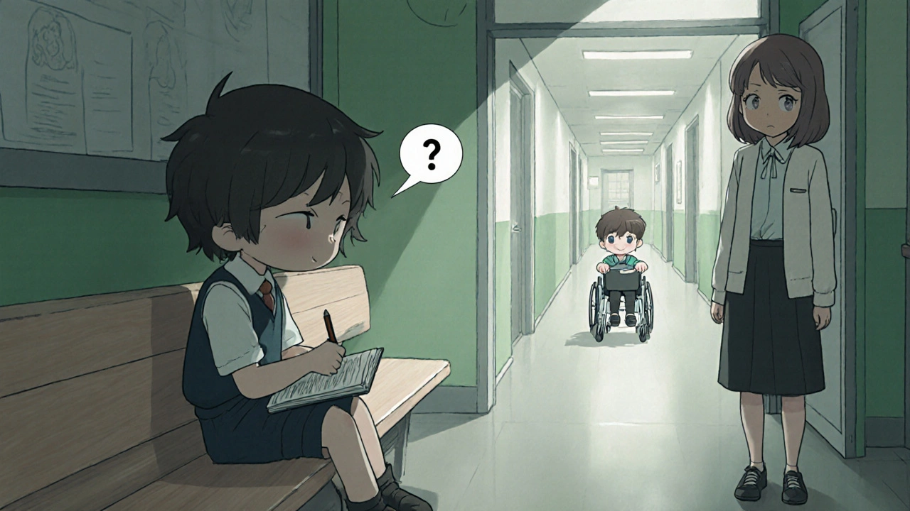 Sibling on a school bench looking pensively toward a brother in a wheelchair.