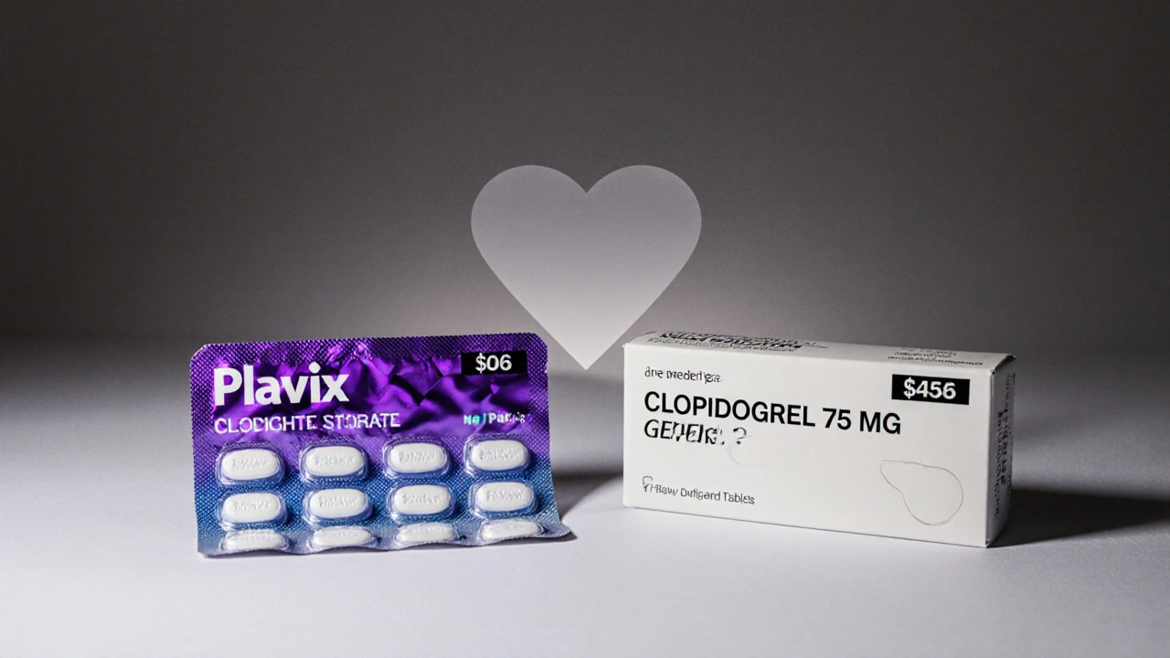 Side‑by‑side blister packs of brand Plavix and generic clopidogrel tablets.