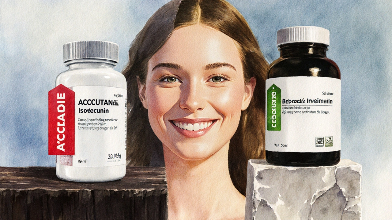 Split scene comparing brand and generic Accutane bottles with a clear‑skin person in the middle.