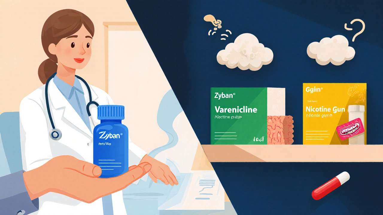 Split‑screen illustration showing Zyban pill bottle and other cessation products with icons.