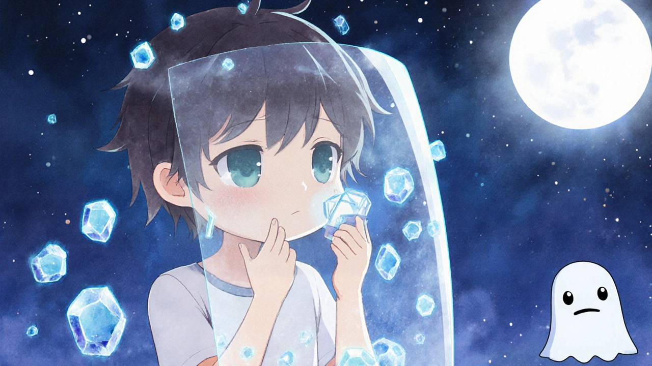 Teen applying non-steroid cream as glowing ceramide shield forms at night.