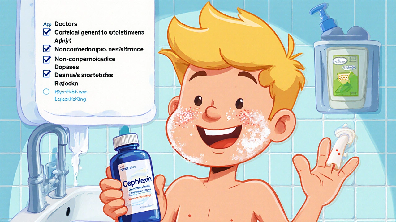 Teen follows skincare routine with Cephalexin and checklist.