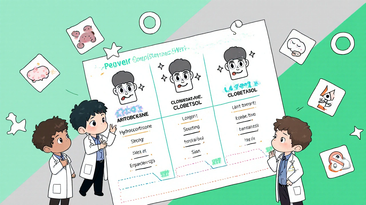 Tiny doctors arguing over cartoon steroid creams with power-level icons.