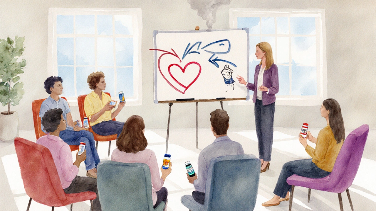 Watercolor group counseling session with participants holding different quit aids.
