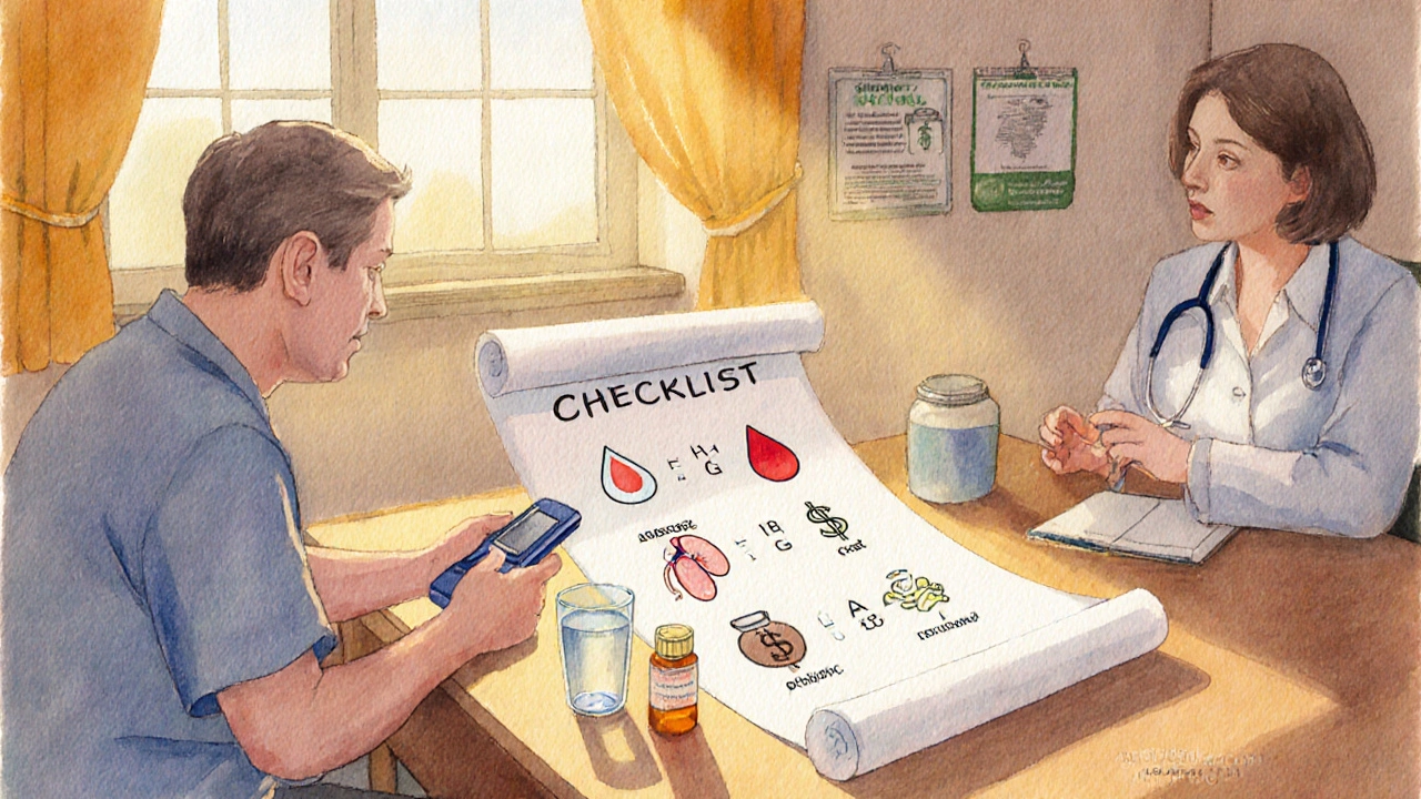 Watercolor of a patient and doctor reviewing a medication checklist at a kitchen table.