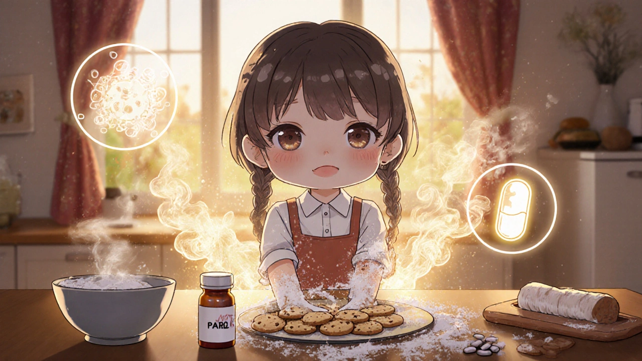 Woman baking cookies with everolimus pill nearby as cancer cells fade behind her.