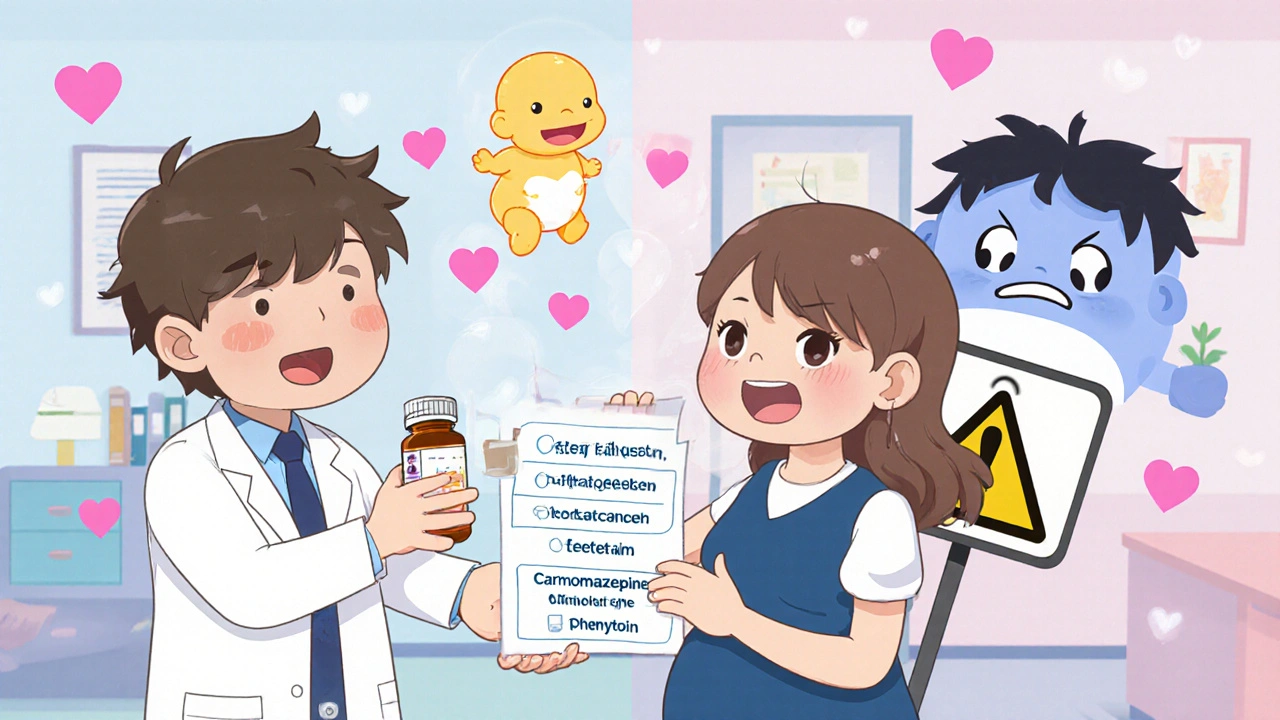 A friendly doctor gives a pregnant woman safe epilepsy meds and folic acid, while risky drugs are pushed away in a bright clinic scene.