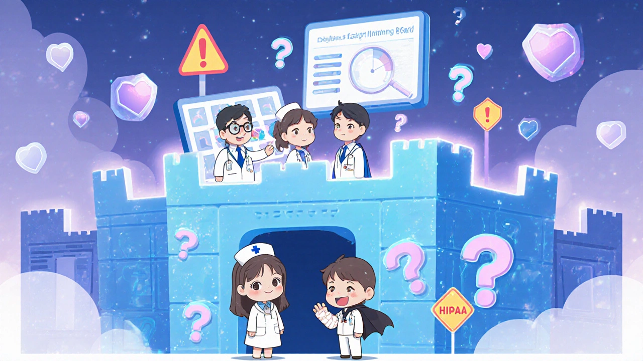 A nurse and child entering a friendly data center castle with floating charts and HIPAA shields.
