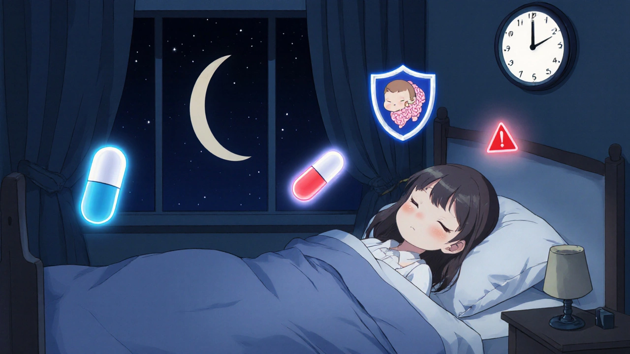 A sleeping pregnant woman is protected by glowing safe medication symbols, while a birth control pill flickers warningly at night.