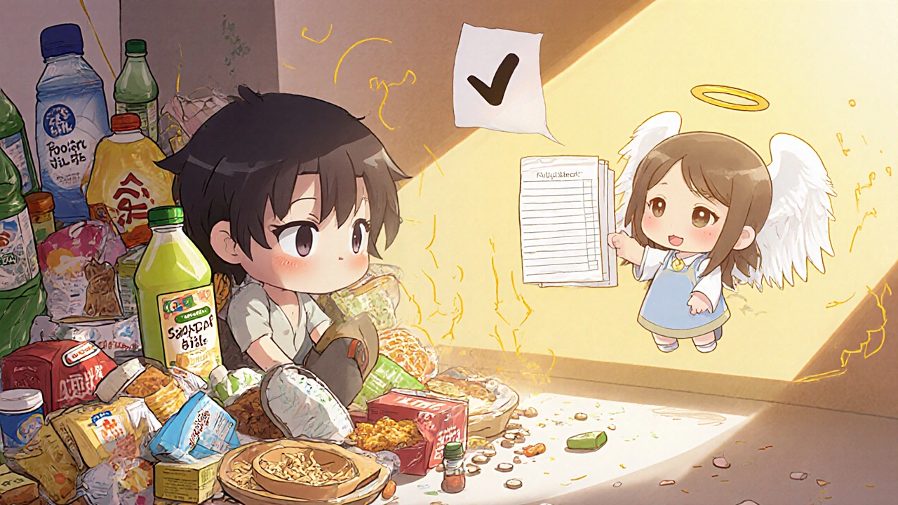 Chibi character overwhelmed by vitamin K-rich foods, calmed by a simple paper diary.