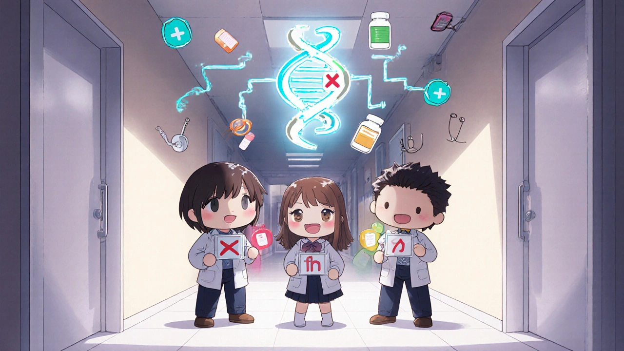 Chibi family members with a broken DNA helix and family tree showing inherited FH risk.