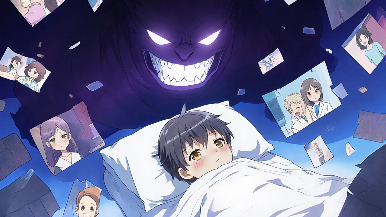 Chibi figure threatened by a giant fentanyl pill, dark shadows looming.